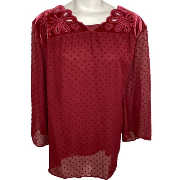 Style & Co Blouse Top Women's 3X Plus Red Eyelet-Yoke Swiss-Dot Textured Overlay - Picture 1 of 12